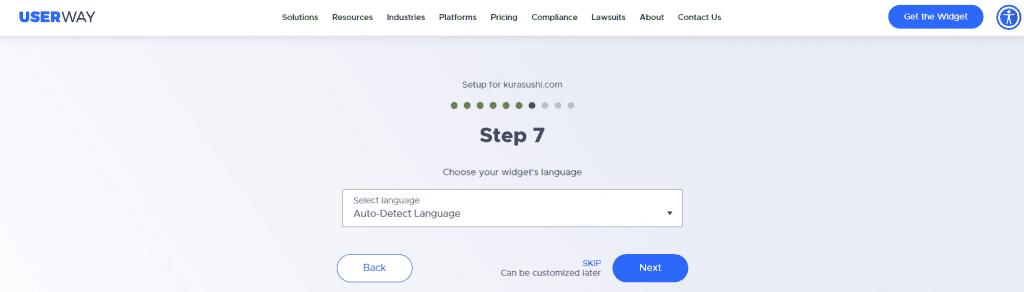userway widget questionnaire step 7 choose widget language
